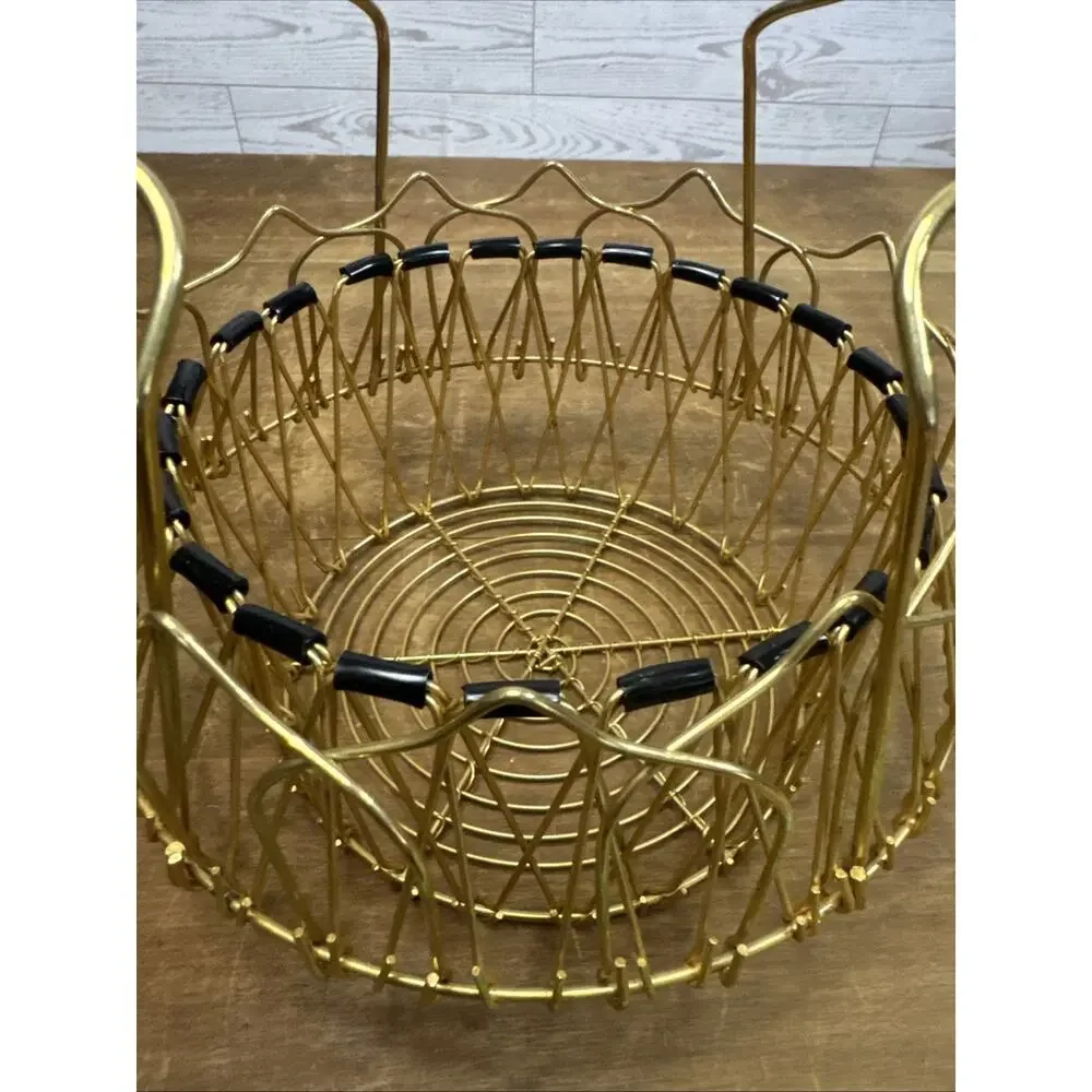 Vtg MCM Expandable Gold Wire Fruit Egg Basket Folding Atomic Style